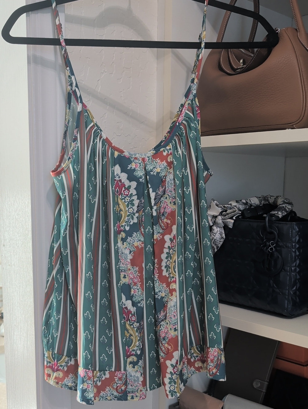 Anthropologie Aqua, Pink & Teal Striped Boho Tie-Neck Blouse